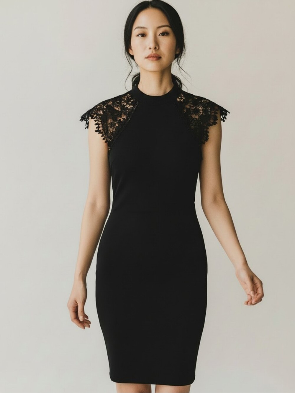 IRIS Black Bodycon Dress Crocheted Lace Keyhole Back Size Small